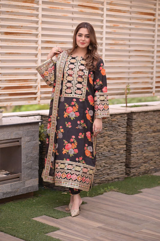 Aneelas – Luxury Embroidered Silk 3-Piece Unstitched Dress