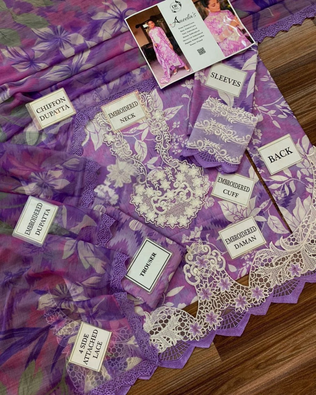 Aneela’s – Printed Lawn 3-Piece Unstitched Suit with Chiffon Dupatta | AS-03