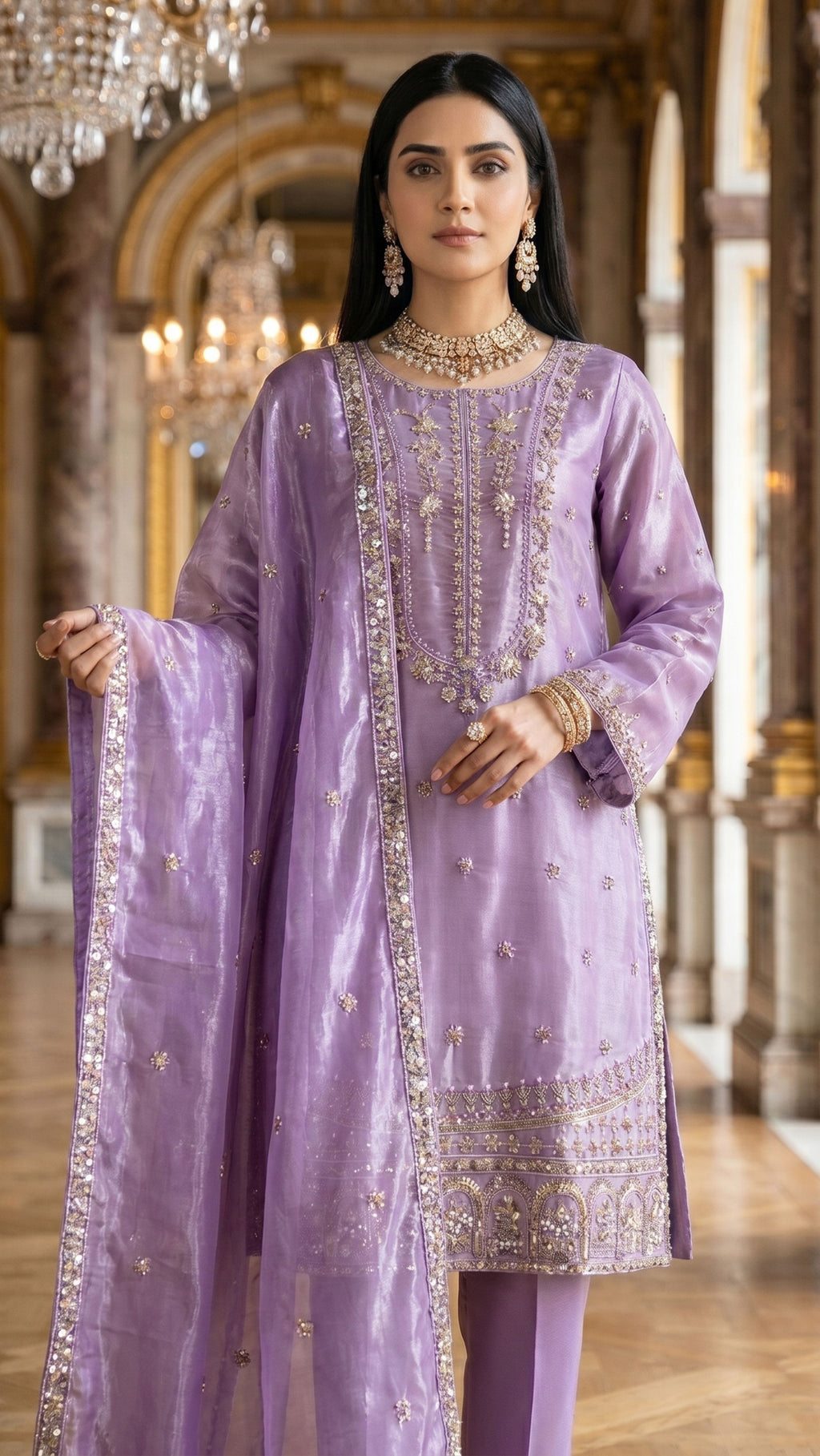 3Pc Unstitched Luxury Cut Dana Embroidered Shesha Silk Suit – 3