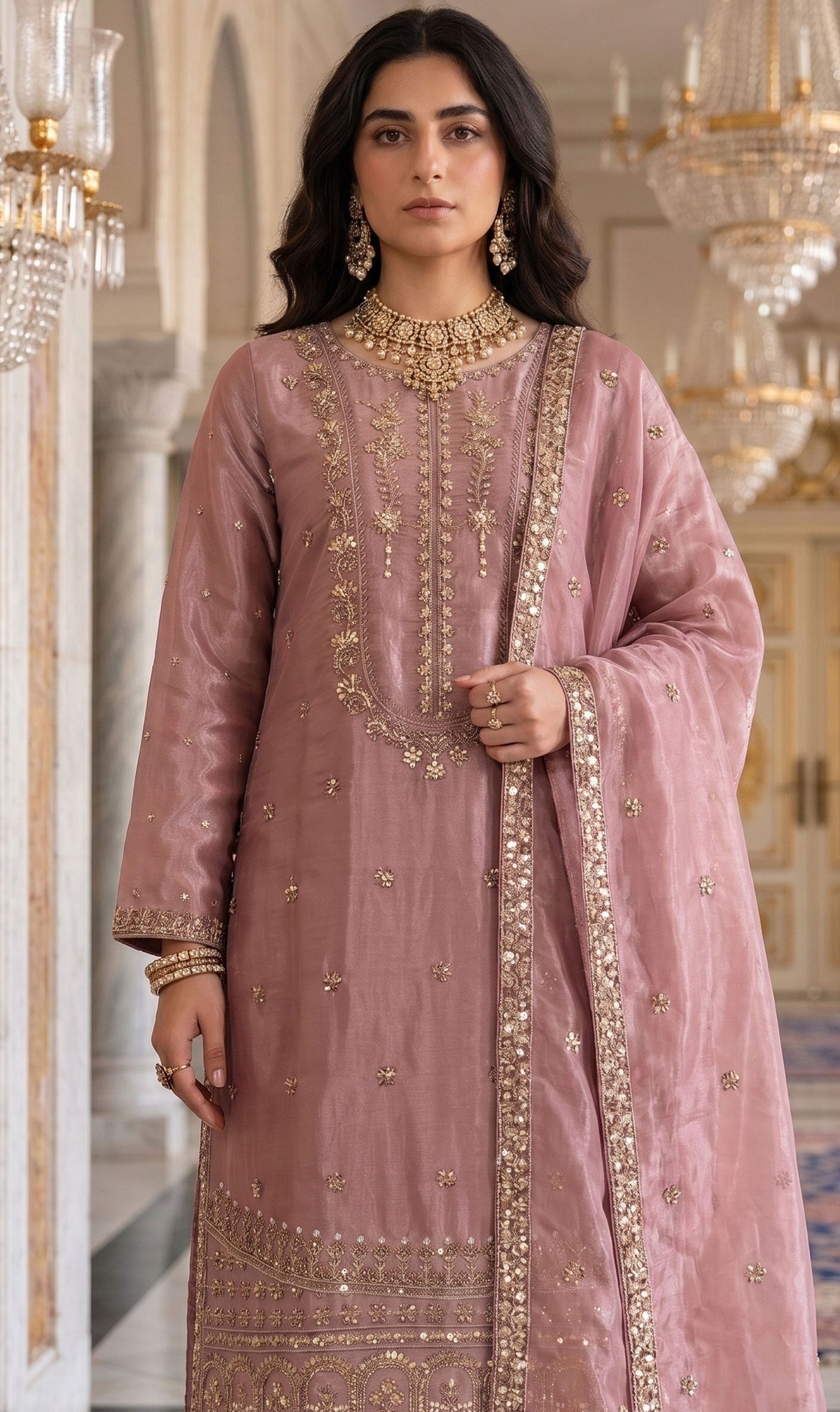 3Pc Unstitched Luxury Cut Dana Embroidered Shesha Silk Suit - 4