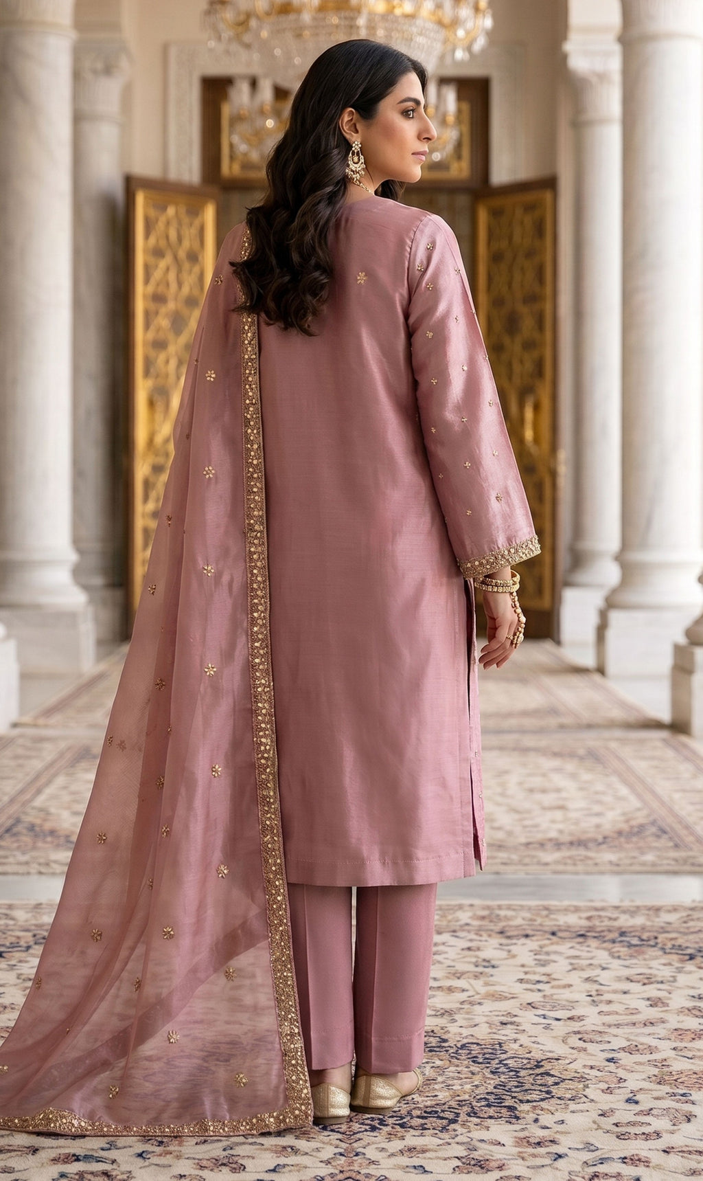 3Pc Unstitched Luxury Cut Dana Embroidered Shesha Silk Suit - 4