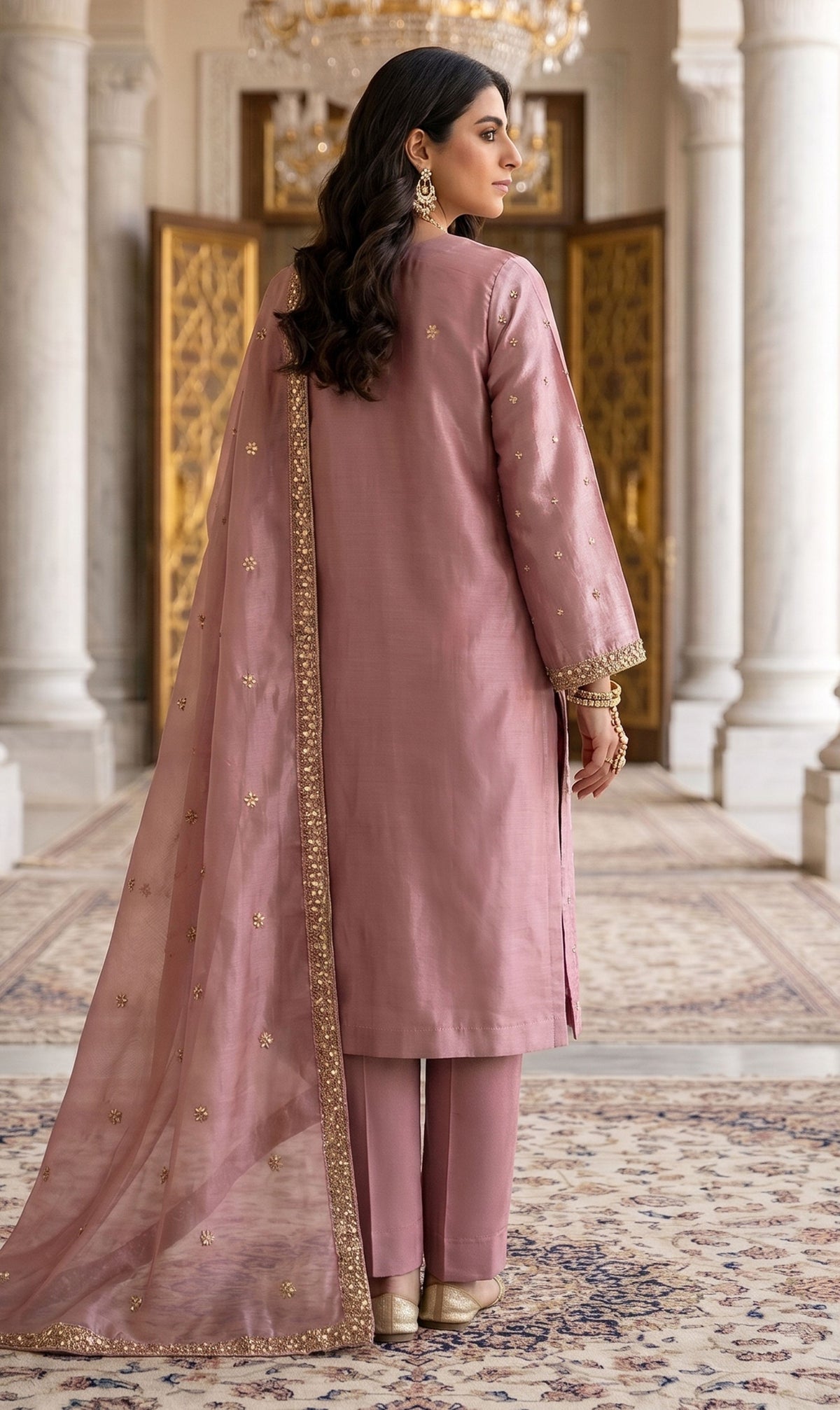 3Pc Unstitched Luxury Cut Dana Embroidered Shesha Silk Suit - 4