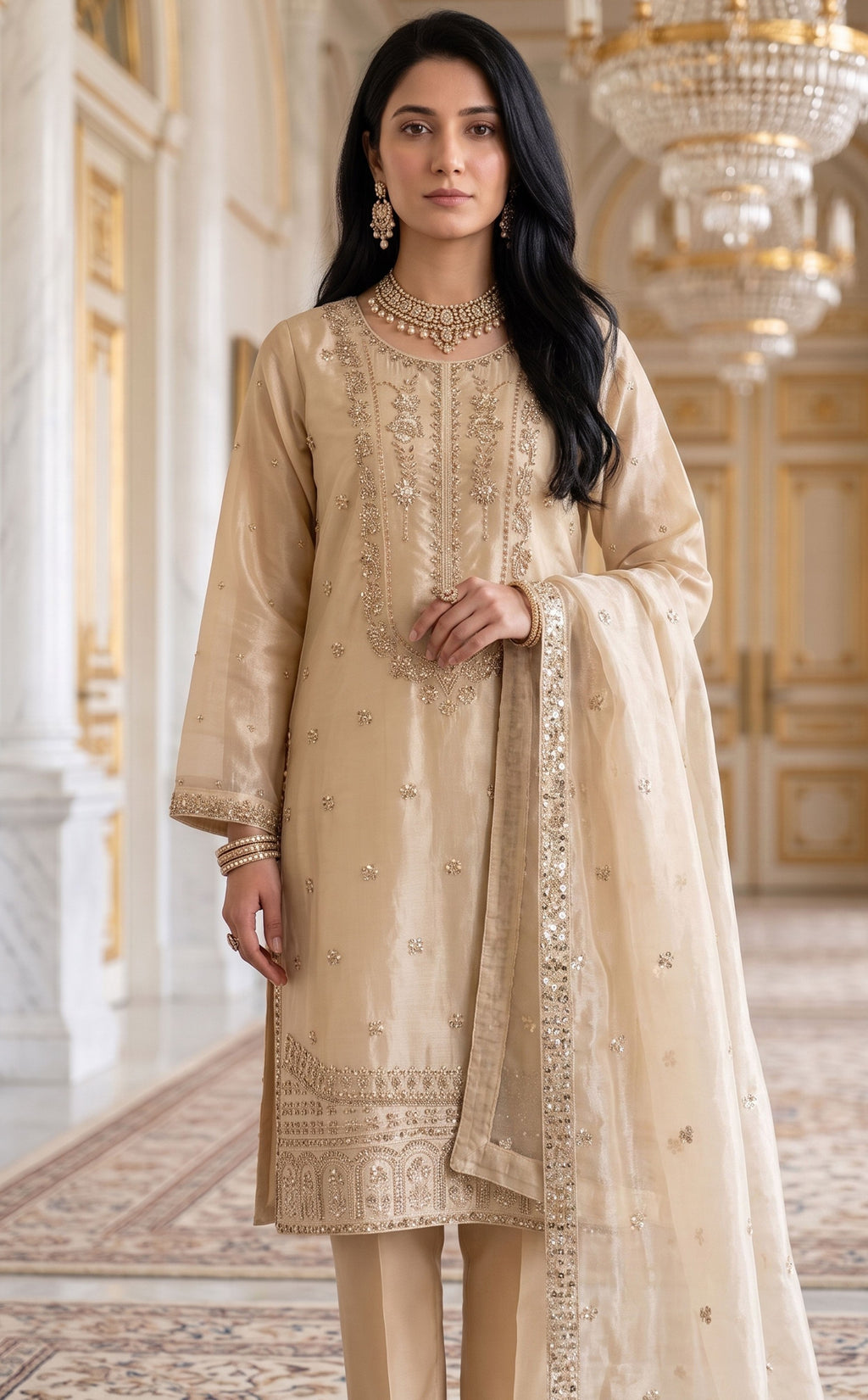 3Pc Unstitched Luxury Cut Dana Embroidered Shesha Silk Suit – 1