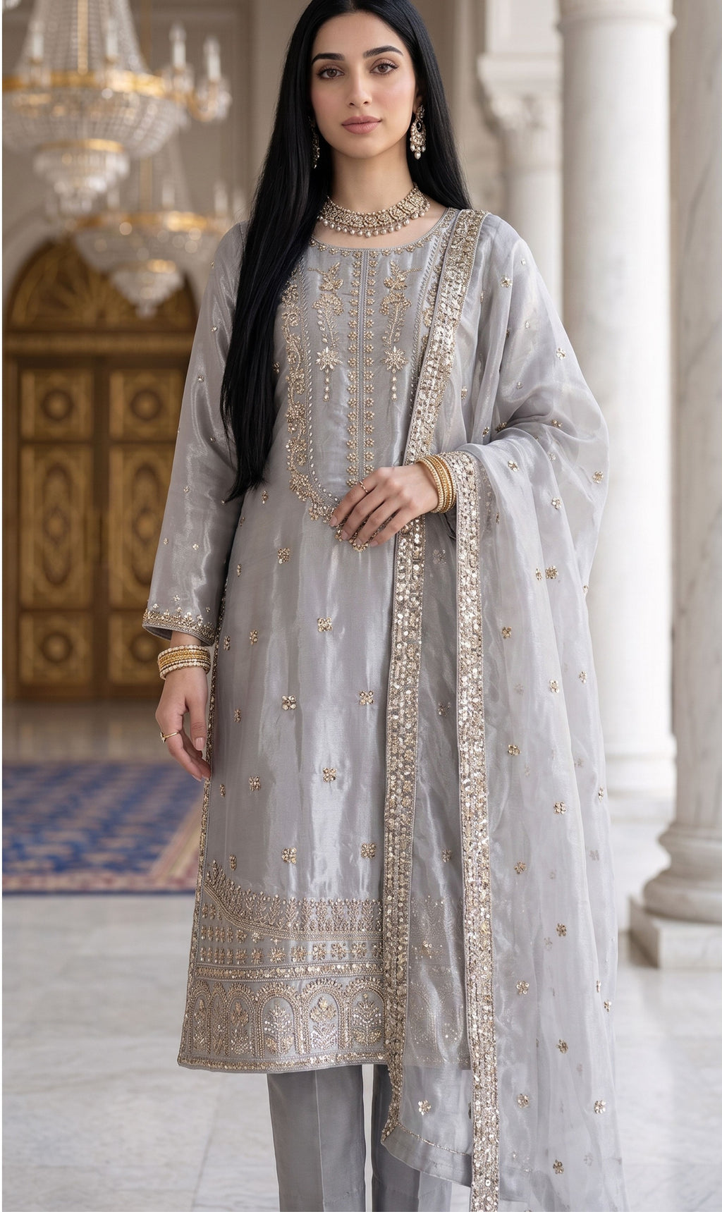 3Pc Unstitched Luxury Cut Dana Embroidered Shesha Silk Suit – 2