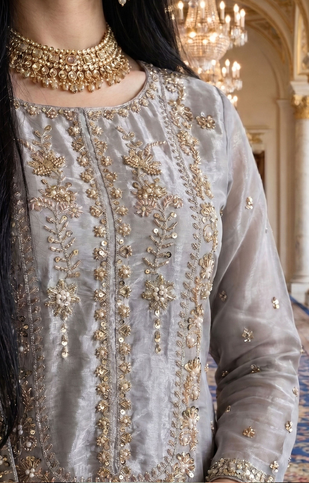 3Pc Unstitched Luxury Cut Dana Embroidered Shesha Silk Suit – 2
