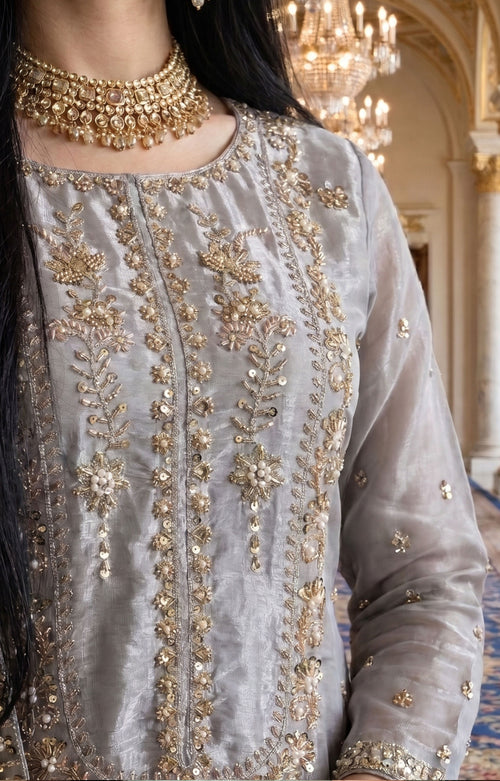 3Pc Unstitched Luxury Cut Dana Embroidered Shesha Silk Suit – 2