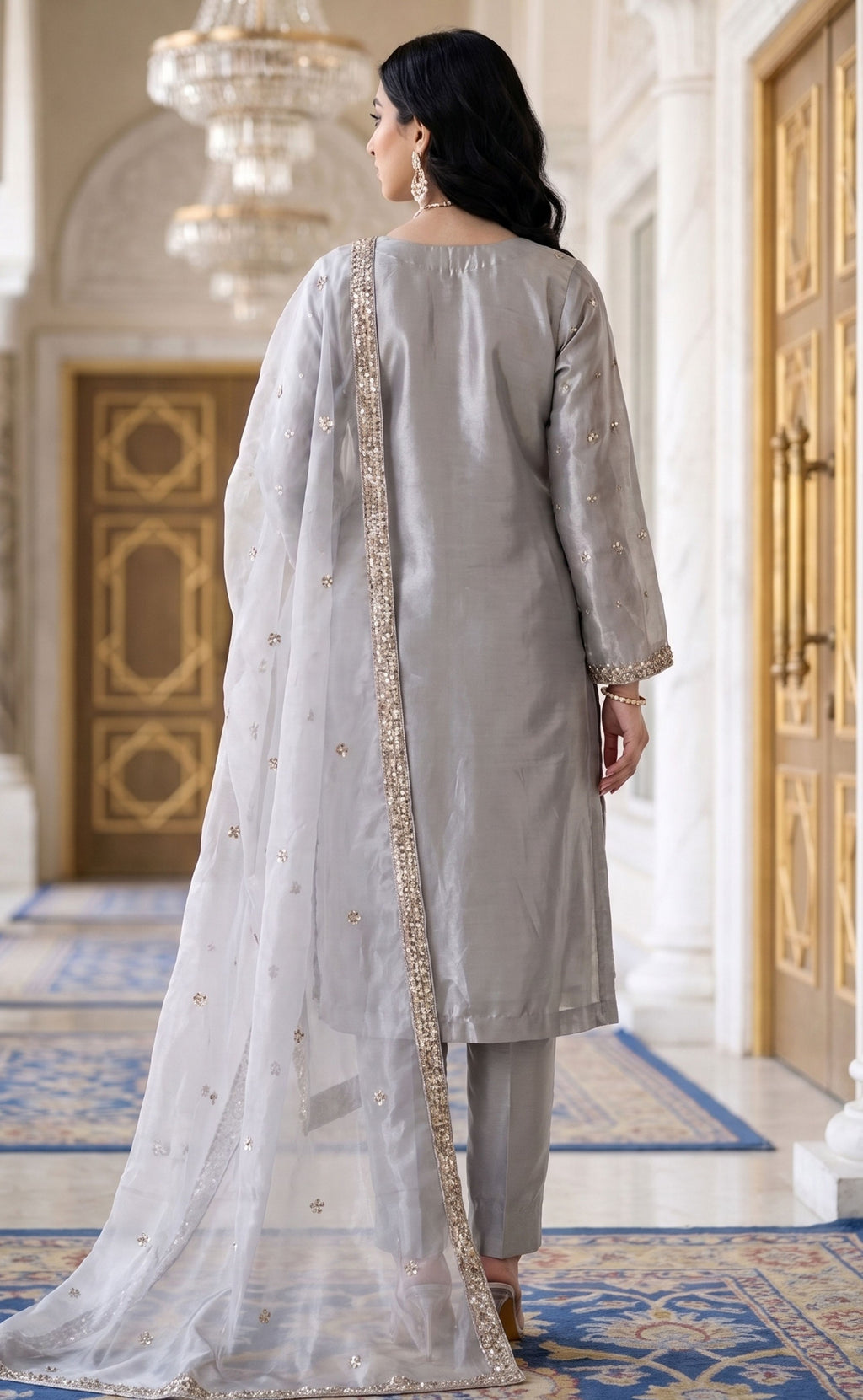 3Pc Unstitched Luxury Cut Dana Embroidered Shesha Silk Suit – 2