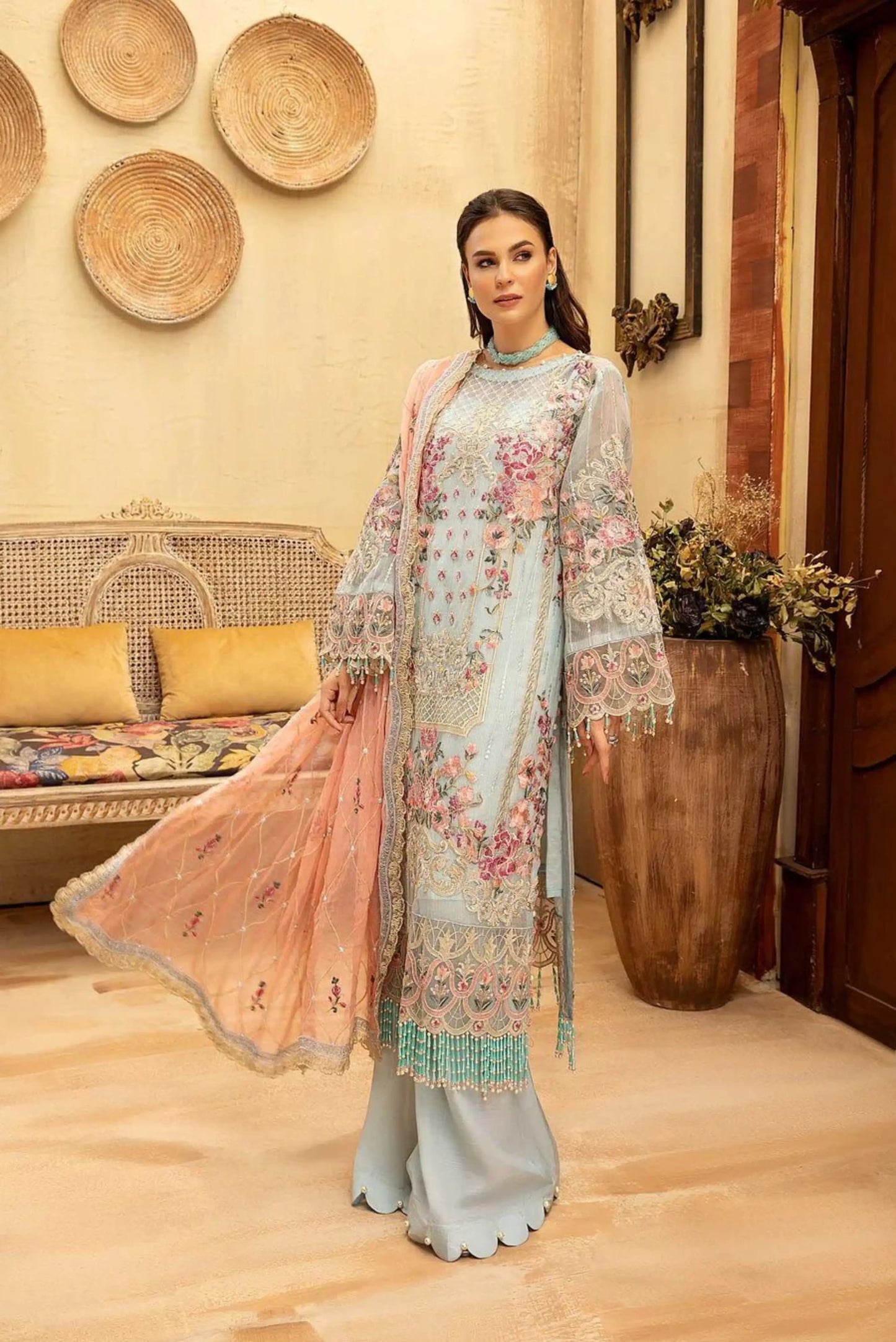 Flossie – Aqua Star | Luxury Embroidered Chiffon 3-Piece Semi-Stitched Ensemble