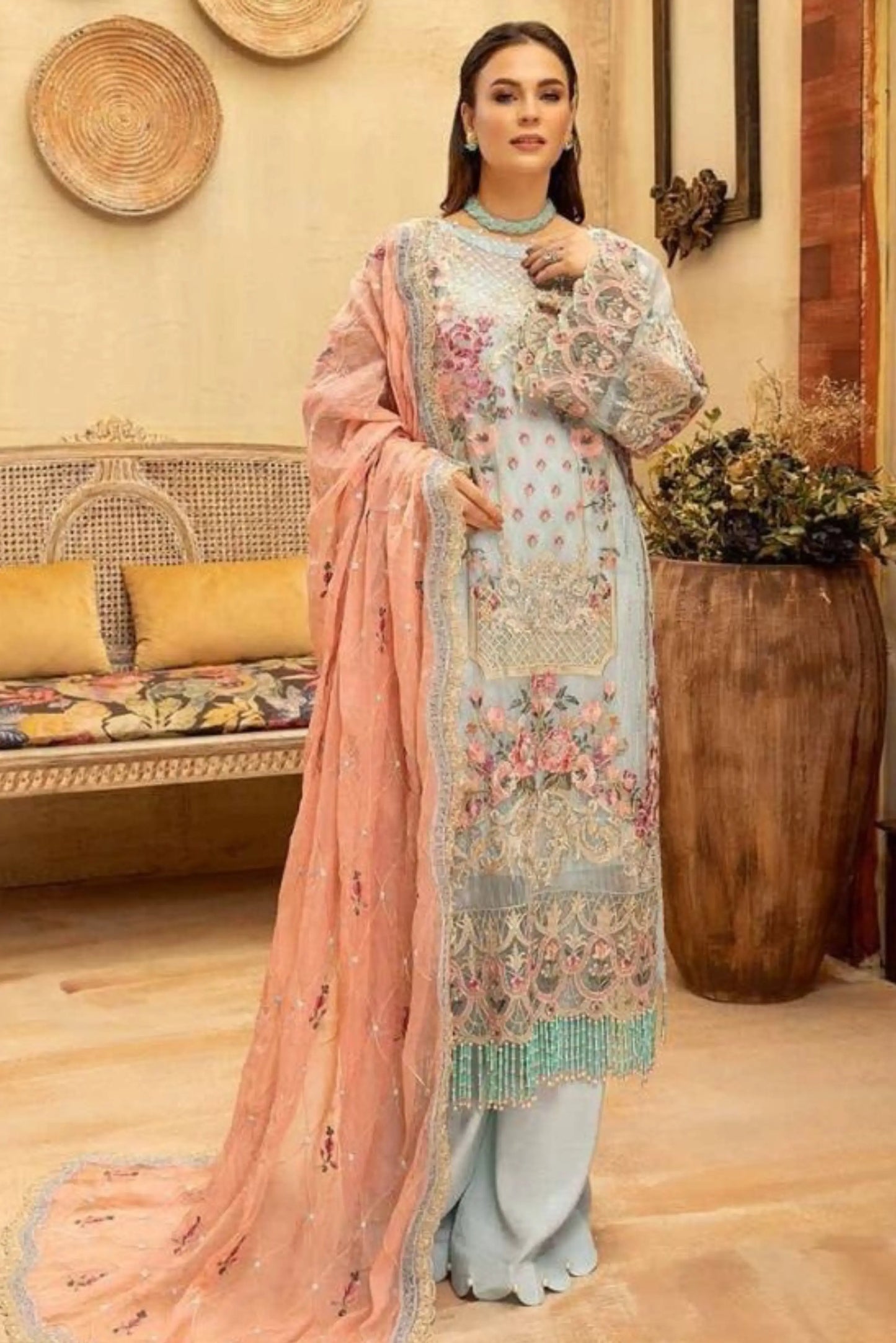 Flossie – Aqua Star | Luxury Embroidered Chiffon 3-Piece Semi-Stitched Ensemble