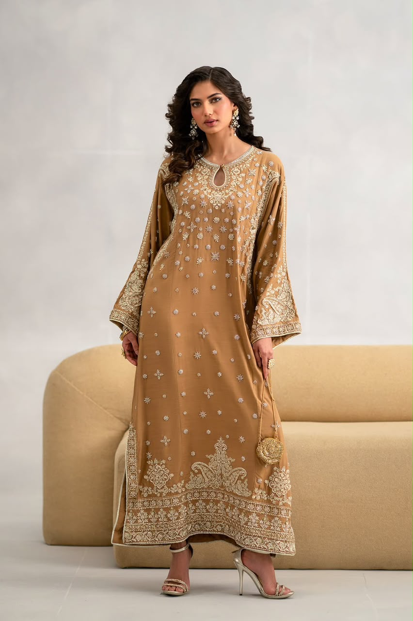Luxury Embroidered Lava Silk Kaftan – 2Pc Suit