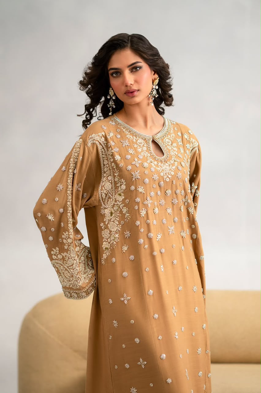 Luxury Embroidered Lava Silk Kaftan – 2Pc Suit