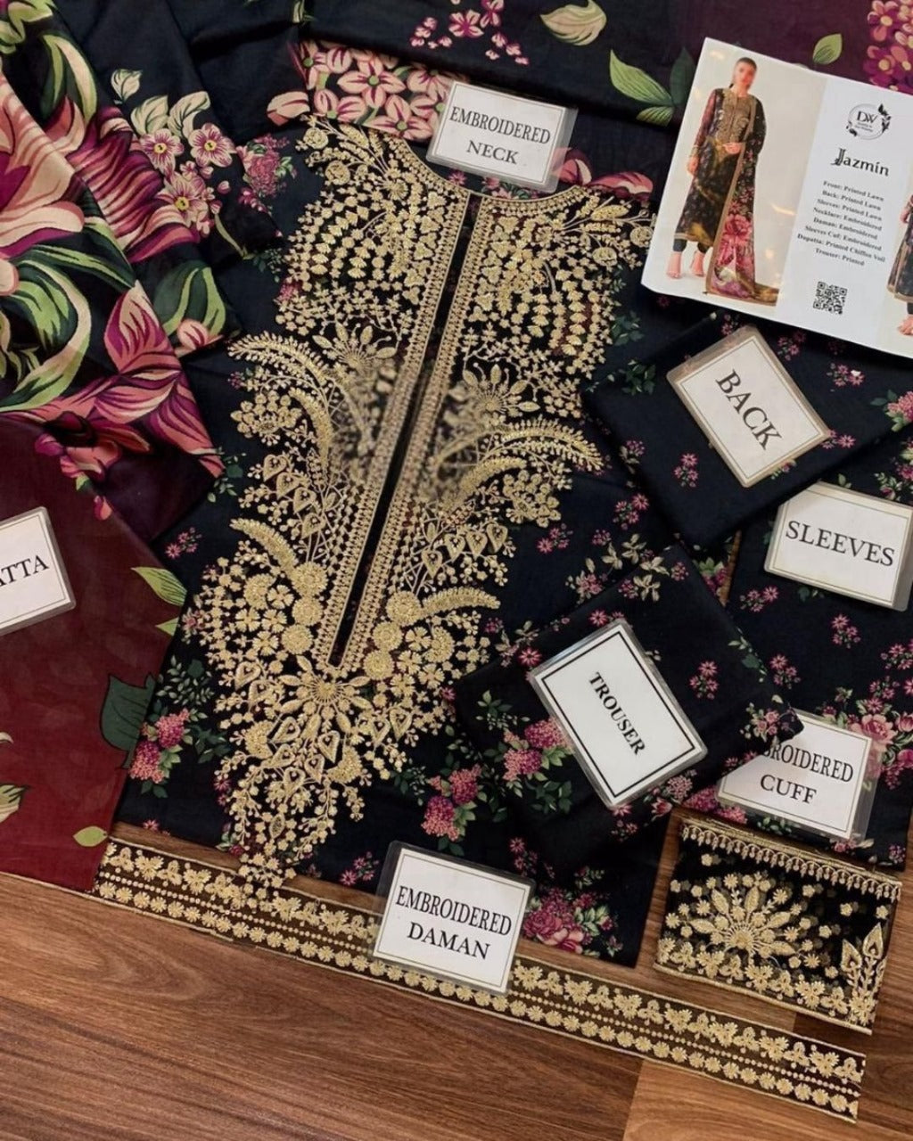 Jazmín – Black Floral | Luxury Embroidered 3-Piece Printed Lawn Suit