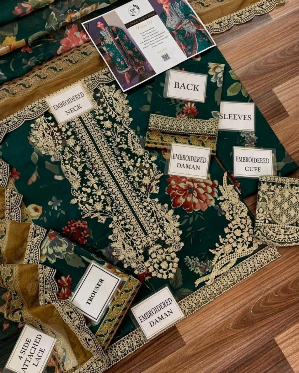 Zainab Chottani – Velina Green Floral Embroidered Lawn 3-Piece Unstitched Suit