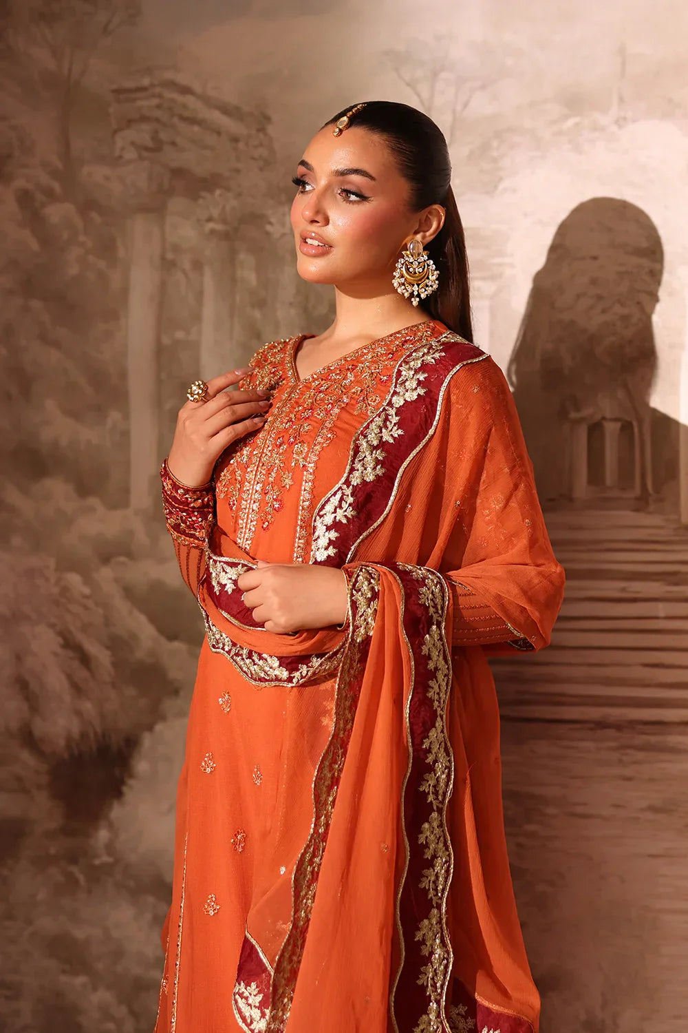 Azure Amber Rust Chiffon Embroidered 3-Piece Dress | J0941